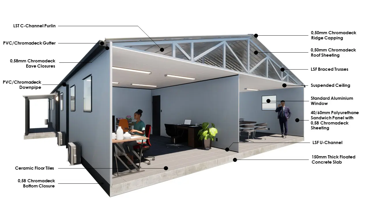 Annotated 3D cutaway of a Site Major building showing structure and internal layout